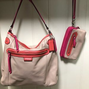 Tan/Coral Coach shoulder bag and wallet wristlet